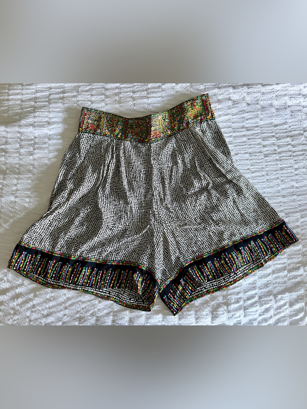 Vintage High-Waist Black & White Patterned Shorts with Multicolor Trim